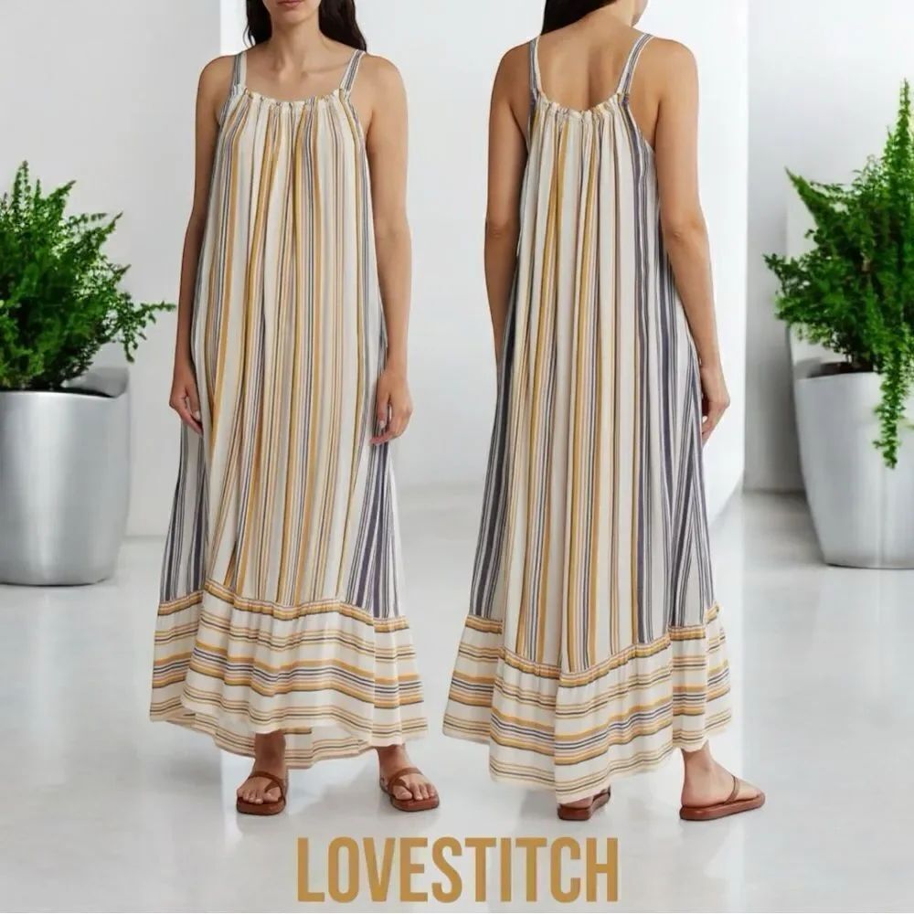 LOVESTITCH Women’s Striped Ruffle Maxi Dress in the Size Large in Dijon/Navy